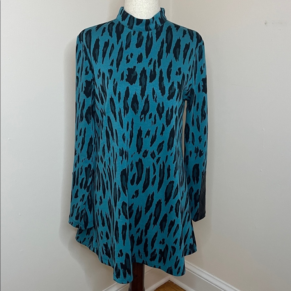Tyler Böe XS Teal Leopard Print Tunic Dress Mock Neck Leather Trim